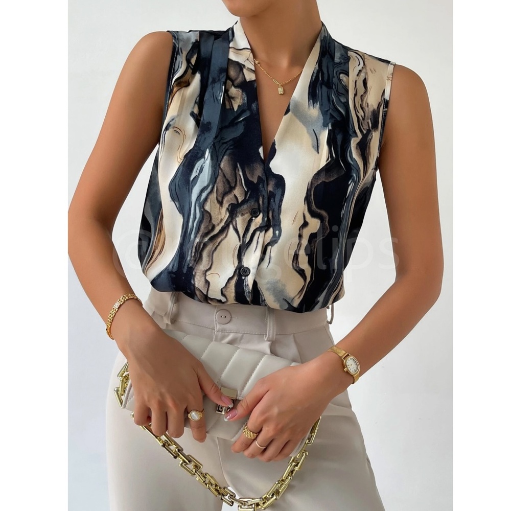 Marble Print Button Down Collared Sleeveless Blouse Top - Picture 6 of 11